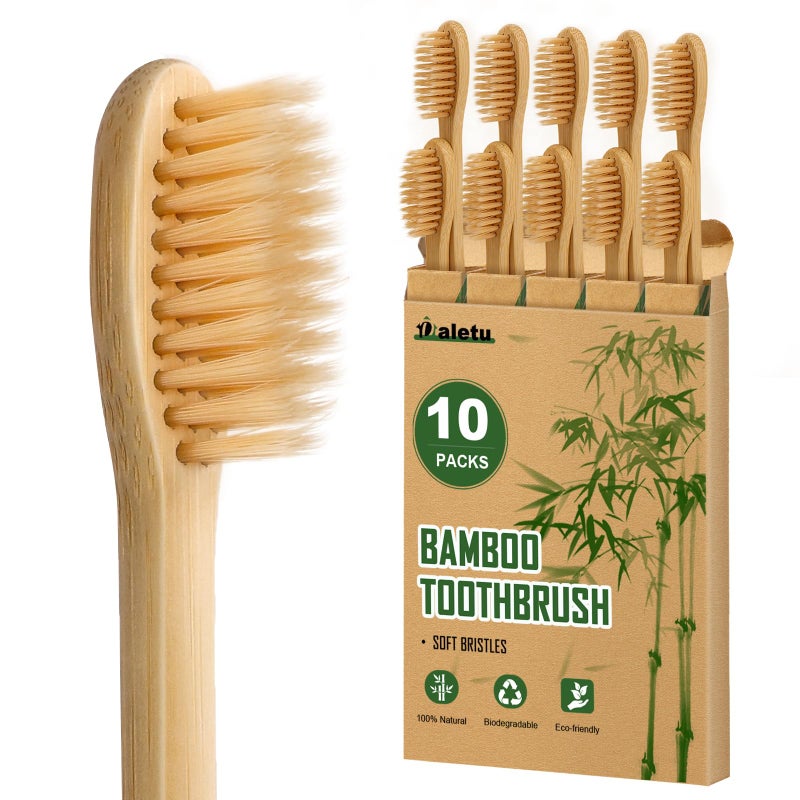 Daletu Bamboo Toothbrushes Soft Bristles 10 Pack, Biodegradable BPA Free Soft Bristles Toothbrushes for Adult, Eco-Friendly, Natural Wooden Organic Toothbrush - Image 1